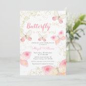 Invitation Parties scintillant d'or Papillons rose Baby showe (Debout devant)