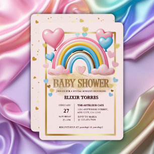 Invitation Parties scintillant d'or Pastel Coeurs et Baby sho