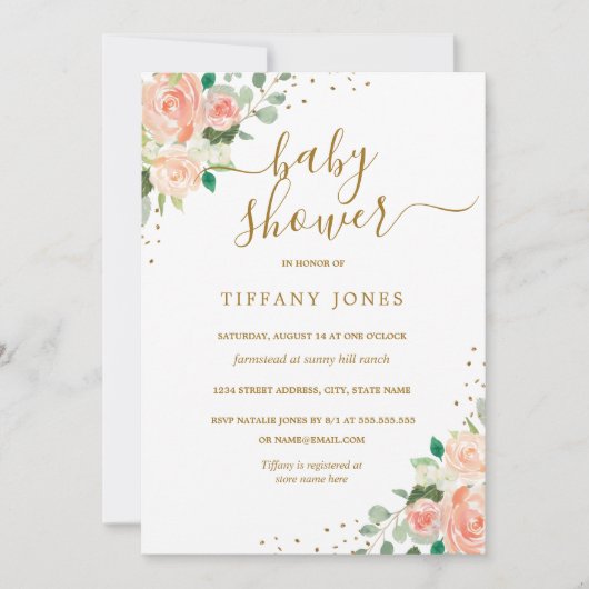 Invitation Parties scintillant d'or Pêche Floral fille Baby s (Devant)