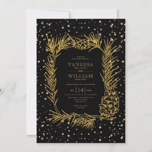 Invitation Parties scintillant d'or pin, confetti noir mariag (Devant)