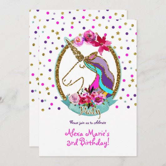 Invitation Parties scintillant d'or Pois Unicorn fête d'anniv (Devant / Derrière)
