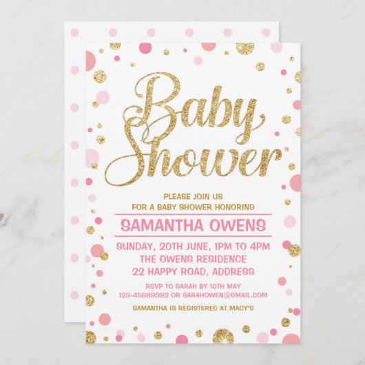 Invitation Parties scintillant d'or poka point bébé fille dou (Devant / Derrière)