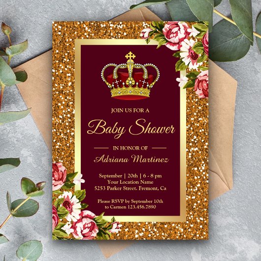 Invitation Parties scintillant d'or Princesse Bourgogne Baby 