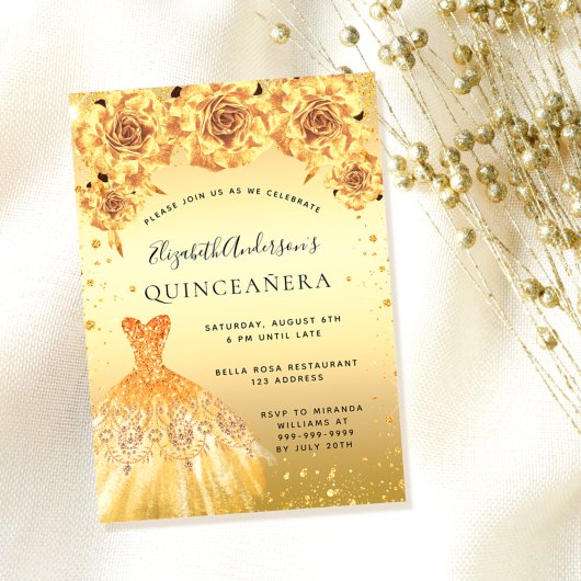 Invitation Parties scintillant d'or Quinceanera robe florale 