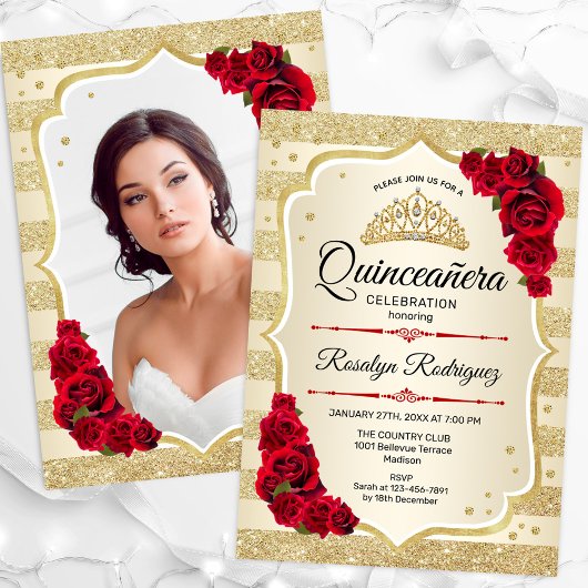 Invitation Parties scintillant d'or Quinceanera rouge