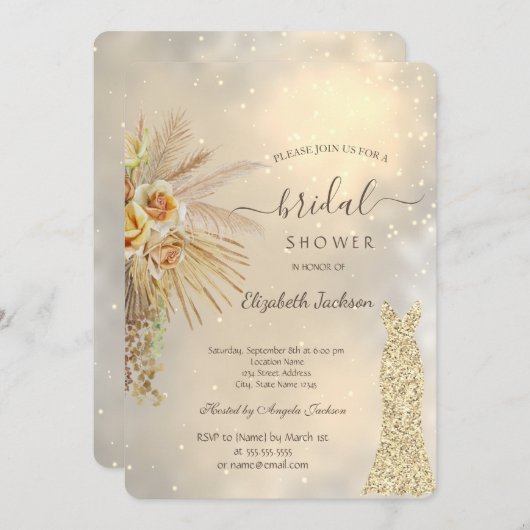 Invitation Parties scintillant d'or Robe Boho Fête des mariée (Devant / Derrière)