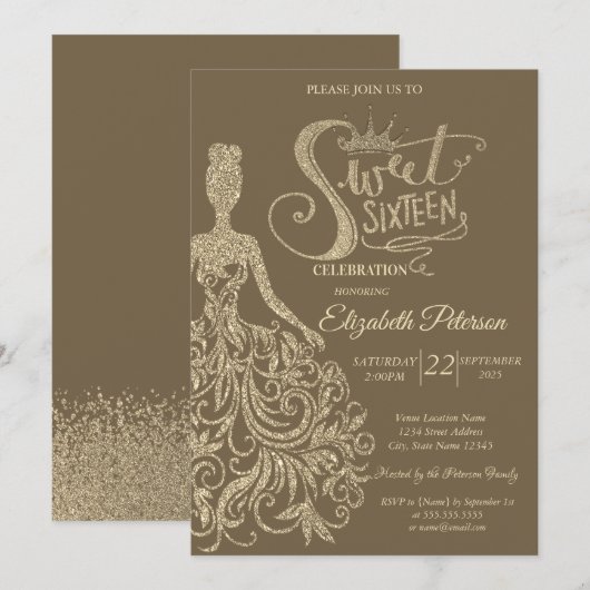 Invitation Parties scintillant d'or robe fille Couronne, Diam (Devant / Derrière)