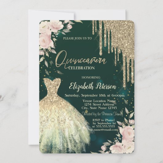 Invitation Parties scintillant d'or, Robe, Floral Green Quinc (Devant)