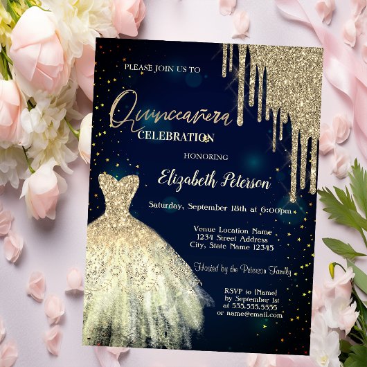 Invitation Parties scintillant d'or, Robe Marine bleu Quincea