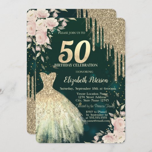 Invitation Parties scintillant d'or, Robe, Vert floral50e ann (Devant / Derrière)