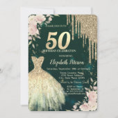 Invitation Parties scintillant d'or, Robe, Vert floral50e ann (Devant)