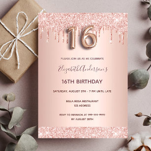 Invitation parties scintillant d'or rose 16e anniversaire gou