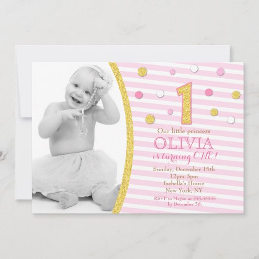 Invitation Parties scintillant d'or rose 1er anniversaire Inv (Devant)