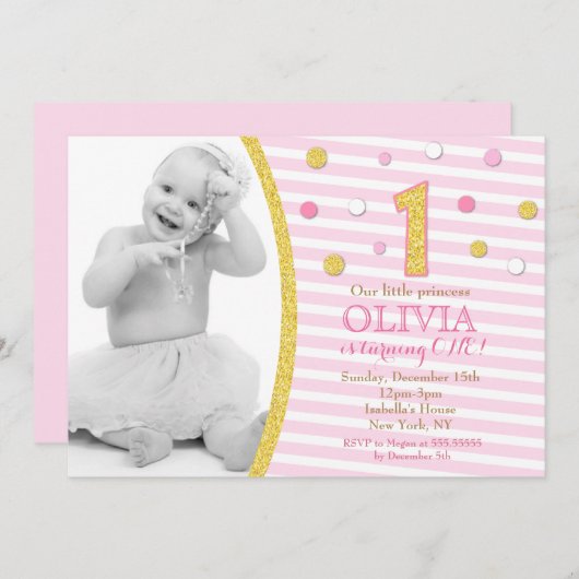 Invitation Parties scintillant d'or rose 1er anniversaire Inv (Devant / Derrière)