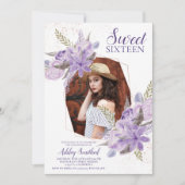 Invitation parties scintillant d'or rose à fleurs violettes p (Devant)