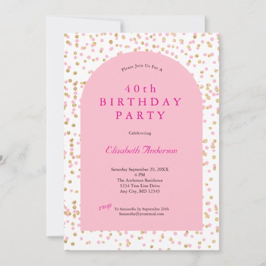 Invitation Parties scintillant d'or rose Arc moderne 40e anni (Devant)