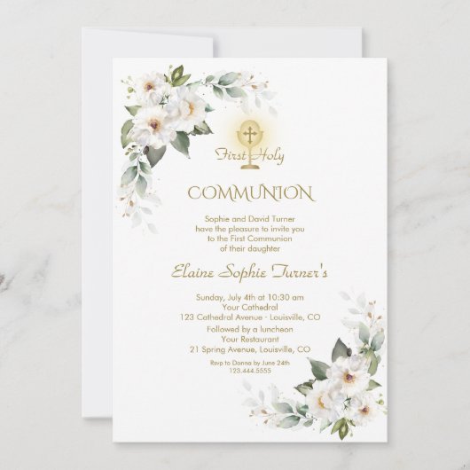 Invitation Parties scintillant d'or Rose blanche première com (Devant)