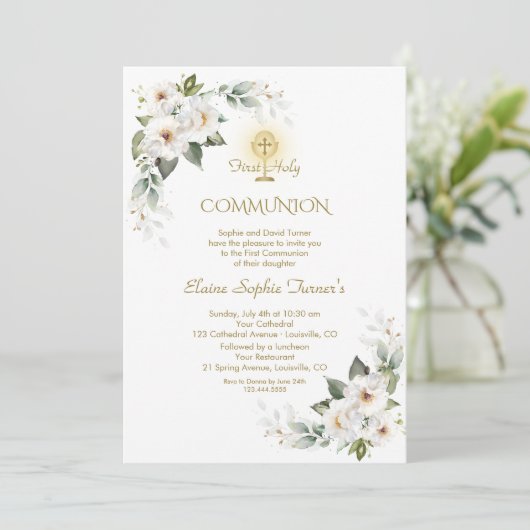 Invitation Parties scintillant d'or Rose blanche première com (Debout devant)
