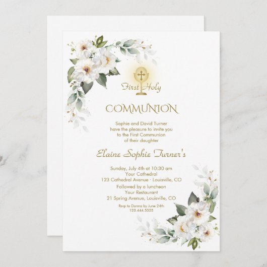 Invitation Parties scintillant d'or Rose blanche première com (Devant / Derrière)