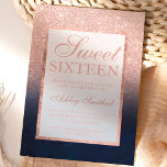 Invitation parties scintillant d'or rose bleu marine aquarell<br><div class="desc">Une douche à parties scintillant en or faux rose moderne,  assez chic et élégante ombre avec bleu marine aquarelle Sweet 16 anniversaire invitation à la fête avec or rose ombre motif s'estompant sur une aquarelle bleu marine avec et élégant cadre or Parfait pour un Sweet sixteen princesse.</div>