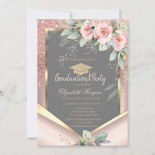 Invitation Parties scintillant d'or rose Blush Rose Graduatio (Devant)