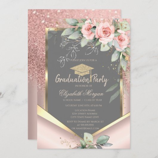 Invitation Parties scintillant d'or rose Blush Rose Graduatio (Devant / Derrière)