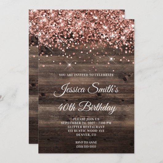 Invitation Parties scintillant d'or rose Bois rustique 40e an (Devant / Derrière)