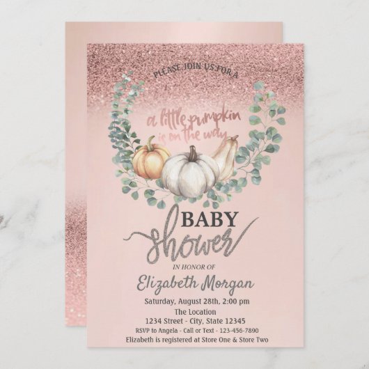 Invitation Parties scintillant d'or rose Bokeh, Baby shower C (Devant / Derrière)