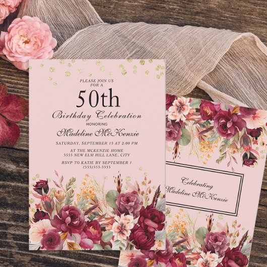 Invitation Parties scintillant d'or rose bordeaux 50e anniver