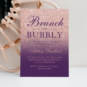 Invitation parties scintillant d'or rose brunch violet bubbly