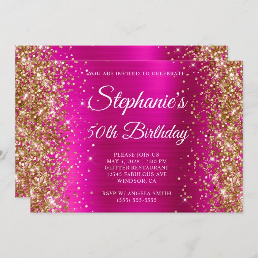 Invitation Parties scintillant d'or rose chaud Monogramme 50e (Devant / Derrière)