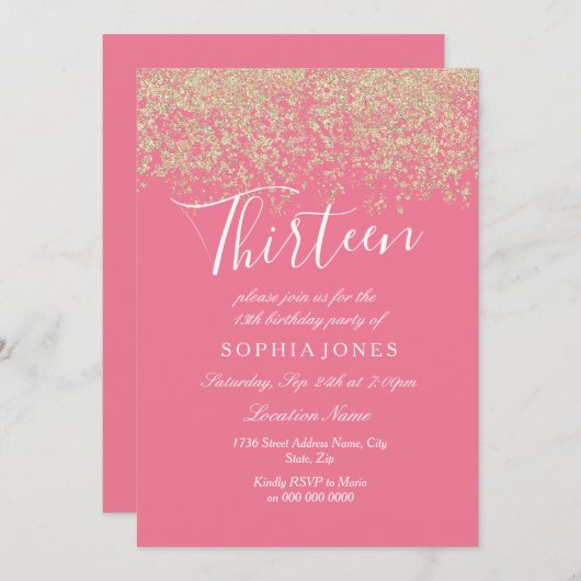Invitation Parties scintillant d'or rose Confetti 13e anniver (Devant / Derrière)