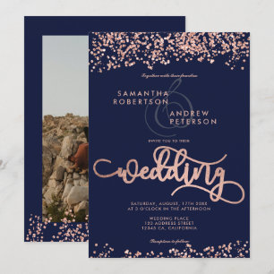 Invitation Parties scintillant d'or rose confetti bleu marine