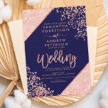 Invitation parties scintillant d'or rose confetti chic marine<br><div class="desc">Rose Gold parties scintillant confetti et la typographie de blocs de couleur sur personnalisable marine bleu et faux rose or bandes géométriques mariage chic,  parfait pour mariage élégant,  luxueux, </div>