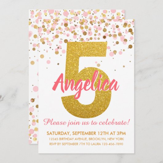 Invitation Parties scintillant d'or rose Confetti Fille Cinqu (Devant / Derrière)