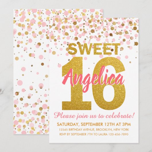 Invitation Parties scintillant d'or rose Confetti Girl Sweet (Devant / Derrière)
