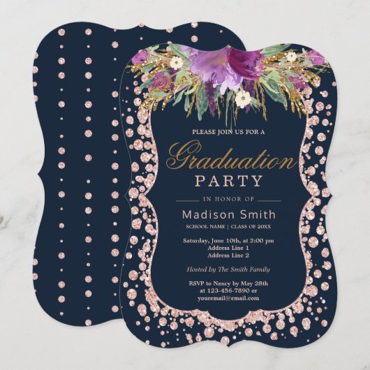 Invitation Parties scintillant d'or rose Confetti Glam Floral (Devant / Derrière)