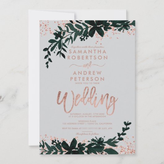 Invitation parties scintillant d'or Rose confetti mariage gri (Devant)