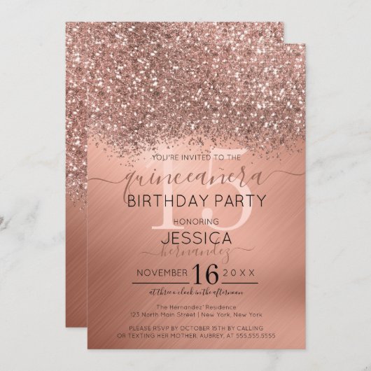 Invitation Parties scintillant d'or rose Confetti Metallic Qu (Devant / Derrière)