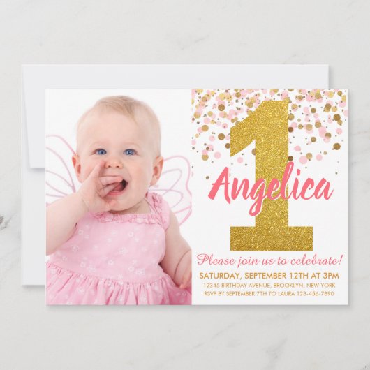 Invitation Parties scintillant d'or rose Confetti photo premi (Devant)
