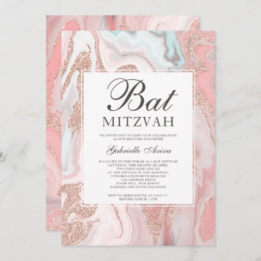 Invitation parties scintillant d'or rose corail marbre rose b (Devant / Derrière)