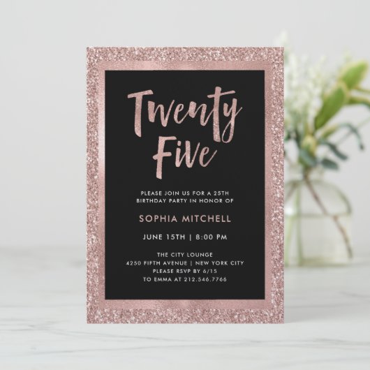 Invitation Parties scintillant d'or Rose de Faux| fête du 25e (Debout devant)