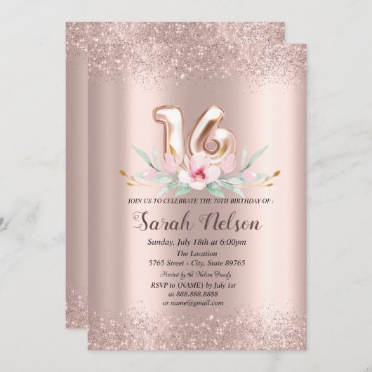 Invitation Parties scintillant d'or Rose de luxe Aquarelle Fl (Devant / Derrière)