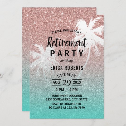 Invitation Parties scintillant d'or Rose de palmier tropicale (Devant / Derrière)