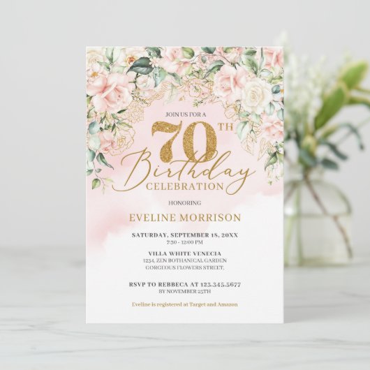 Invitation Parties scintillant d'or rose douce roses 70e anni (Debout devant)