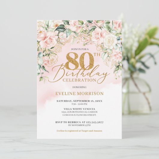 Invitation Parties scintillant d'or rose douce roses 80e anni (Debout devant)