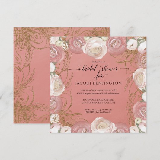 Invitation Parties scintillant d'or rose Élégante peinture fl (Devant / Derrière)