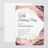 Invitation Parties scintillant d'or rose et fête florale 50e  (Devant / Derrière)
