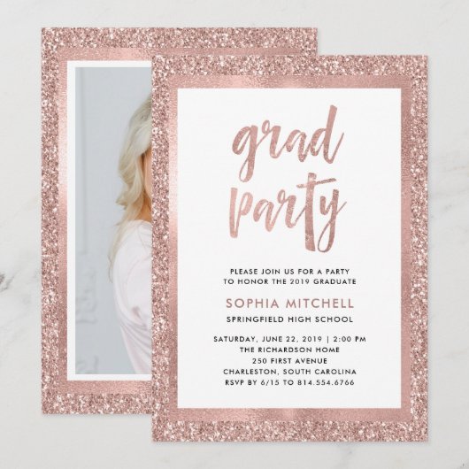 Invitation Parties scintillant d'or Rose Faux | Photo de la f (Devant / Derrière)