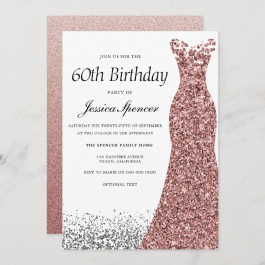 Invitation Parties scintillant d'or rose femmes 60e anniversa (Devant / Derrière)